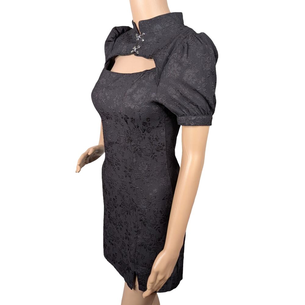 NEV Studio Black Floral Brocade Mini Dress Small S Gothic Cutout Puff Sleeve - Picture 3 of 9
